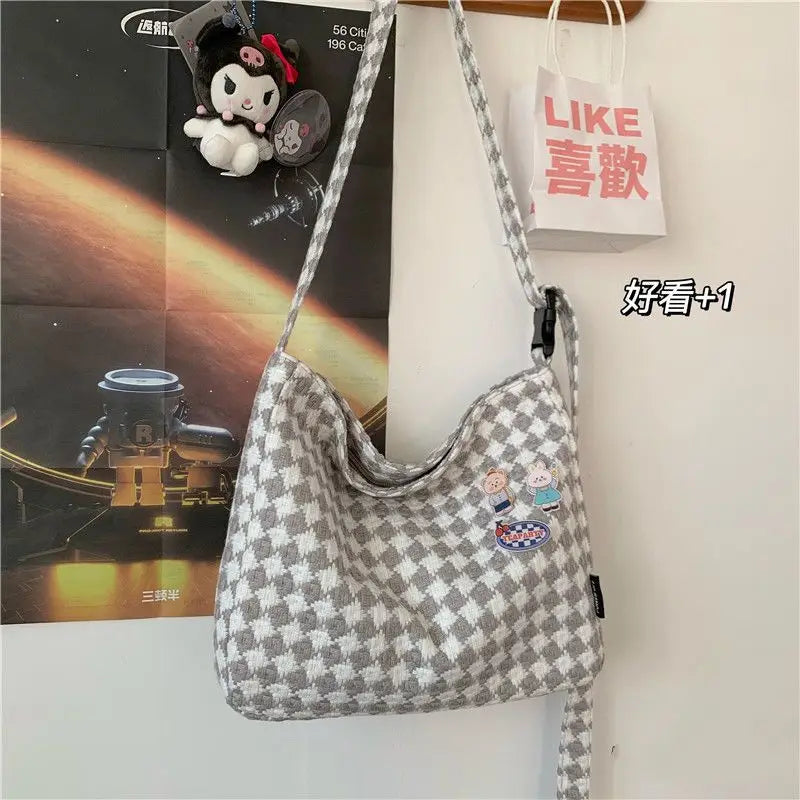 vzyzv  -  Japanese INS Wind Autumn and Winter Simple Shoulder Bag Large Capacity Messenger Bag Retro Plaid Woolen Backpack Girl