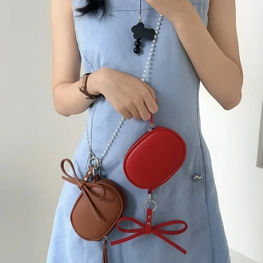 vzyzv  -  Women Sweet Y2k Aesthetic Mini Handbags Japanese Fashion Solid Girls Shoulder Crossbody Bag Elegant Chic Bow Pearl Chain Purses