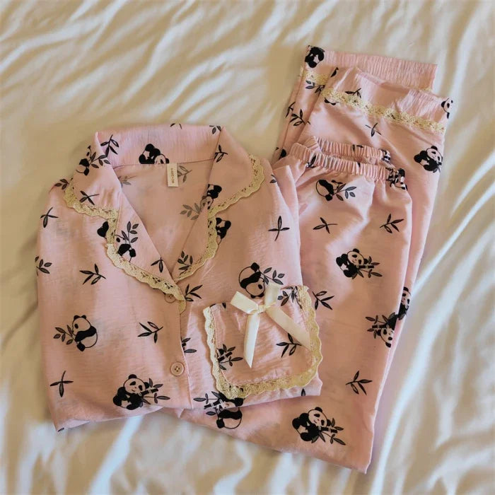 vzyzv  -  Pajama Sets Turn-down Collar Long Sleeve Women Autumn Sprin Floral Printed Thin Kawaii Trendy Womens 2pcs Kimono Pyjamas Elegant