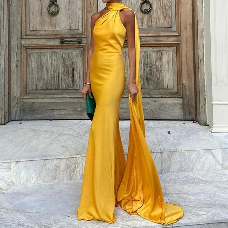 vzyzv  -  Women Fashion Ribbon Shawl Sleeve Satin Dress Lady Diagonal Collar Bag Hip Gala Dress Elegant Backless Full Length Evening Dress