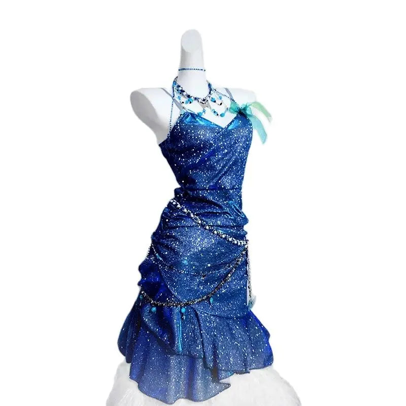 TAVIMART  -  Dress Blue Sea Glitter Suspender Princess Sexy Hip-Hugging Fishtail Dress Stunning Little Skirt For Women