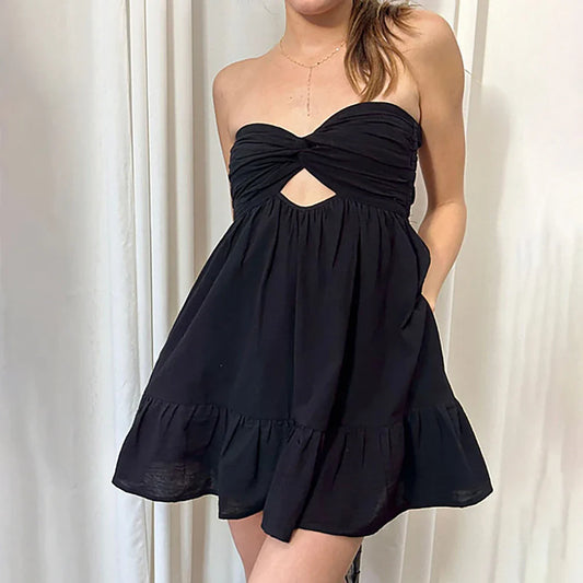 vzyzv -  Summer New Women Mini Dress Fashion Hollow Out Seaside Party Dress Sleeveless Wrap Collar Sexy Backless Female Clothing S-3XL