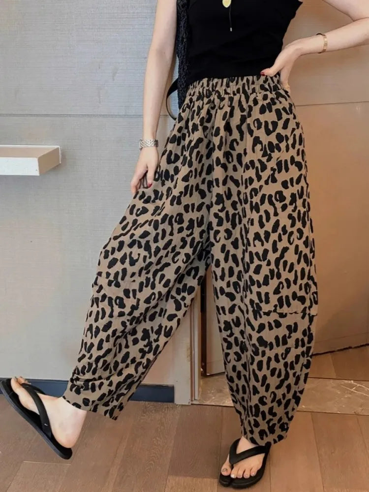 nvxiot  -  Leopard Print Wide Leg Cropped Pants For Women'S Summer Chiffon Loose Elastic Waist Thin Casual Harlan Pants