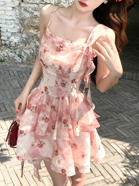 vzyzv  -  Summer French Elegant Floral Dress Women Casual sweet Retro Slim Mini Dress Korean Fashion Vintage Y2k 2000s Strap Dress