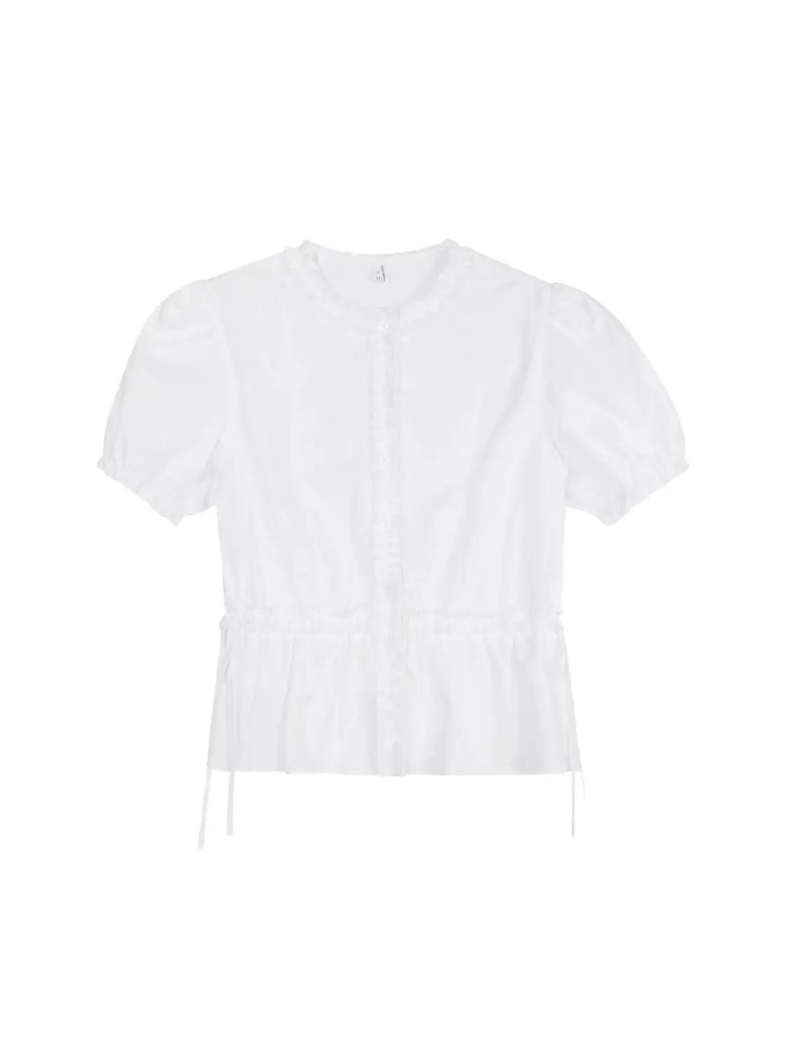 vzyzv  -  Shirt White Fungus Edge Drawstring Women Short Sleeve Slimming Waist Shirts Feminina Ladies Cropped Tops Korean Fashion Chic New