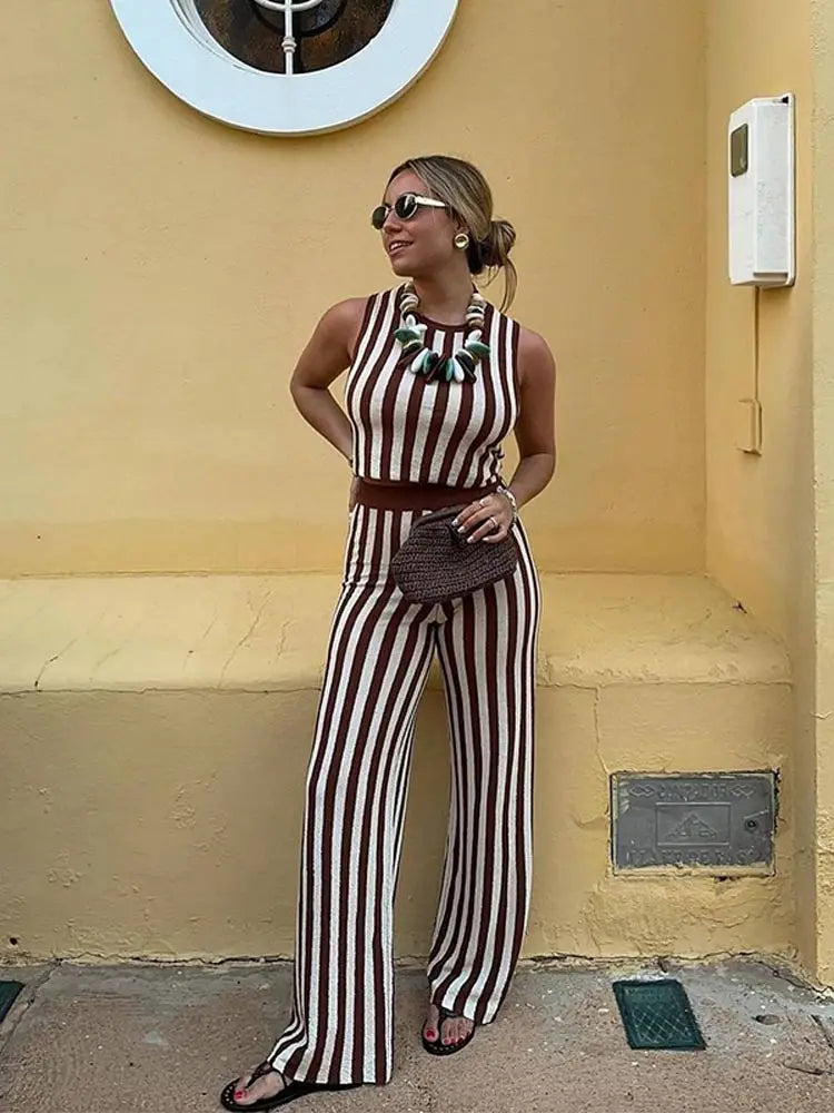 vzyzv  -  Fashion Striped Printed Sleeveless Women Tops Suits Casual O Neck Straight Pants Sets 2024 New Chic Female Office Outfits