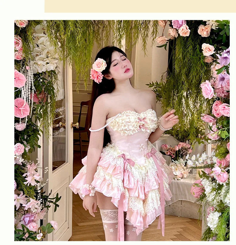 vzyzv -  Fairy Spring and Summer Lace Romantic Atmosphere Slimming Dress Pink Apricot Ruffled Tube Top Mini Princess Dresses for Party