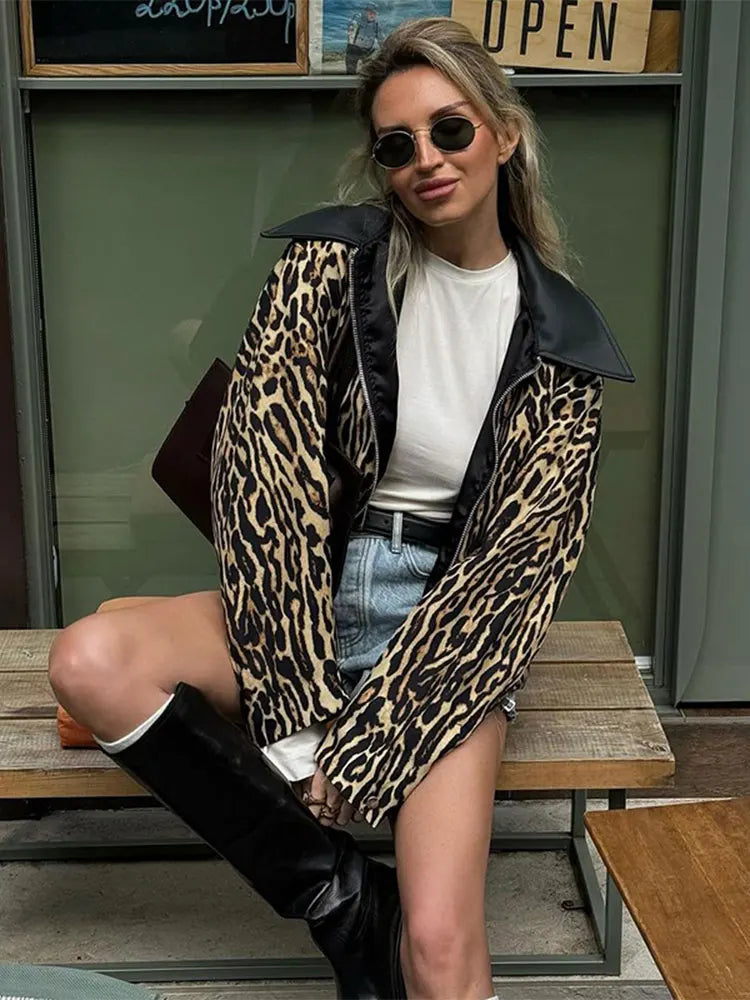 vzyzv  -  Women's Casual Leopard Printed Leather Lapel Patchwork Jacket Chic Zipper Long Sleeve Short Slim Coat 2024 Lady High Streetwear