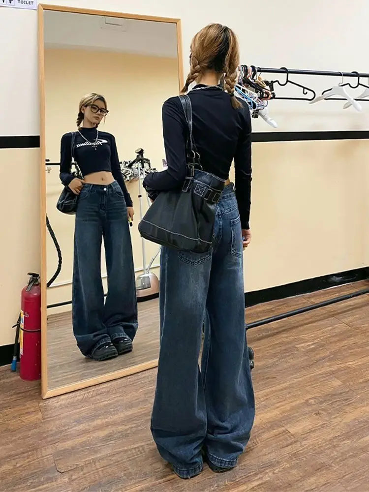 vzyzv  -  Vintage Blue Jeans Women Streetwear Casual Baggy Pants Wide Leg Korean Fashion Basic Denim Trousers High Street