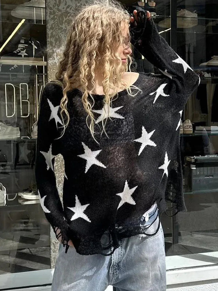 vzyzv  -  Street Stars Printed irregular Wide Collar Sweater Hot Girl Loose Thin Ripped Knit Sexy See Through Pullovers Long Sleeve