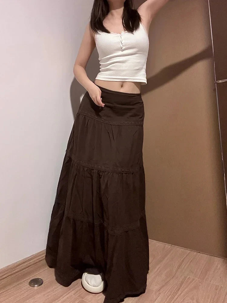 vzyzv  -  Women Brown Gothic A-line Skirt Vintage Y2k 90s Aesthetic Long Skirt Harajuku Korean Patchwork Skirts 2000s Clothes Summer 2024