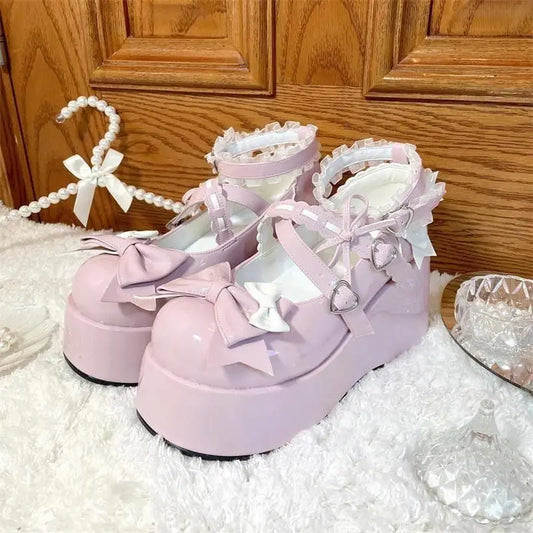 nvxiot   -  Cosplay Sweet tea party Mandarin duck shoes Cos Girl Cream Bubbles Bow Kawaii Shoes Lolita Girls High Heel LoliShoes