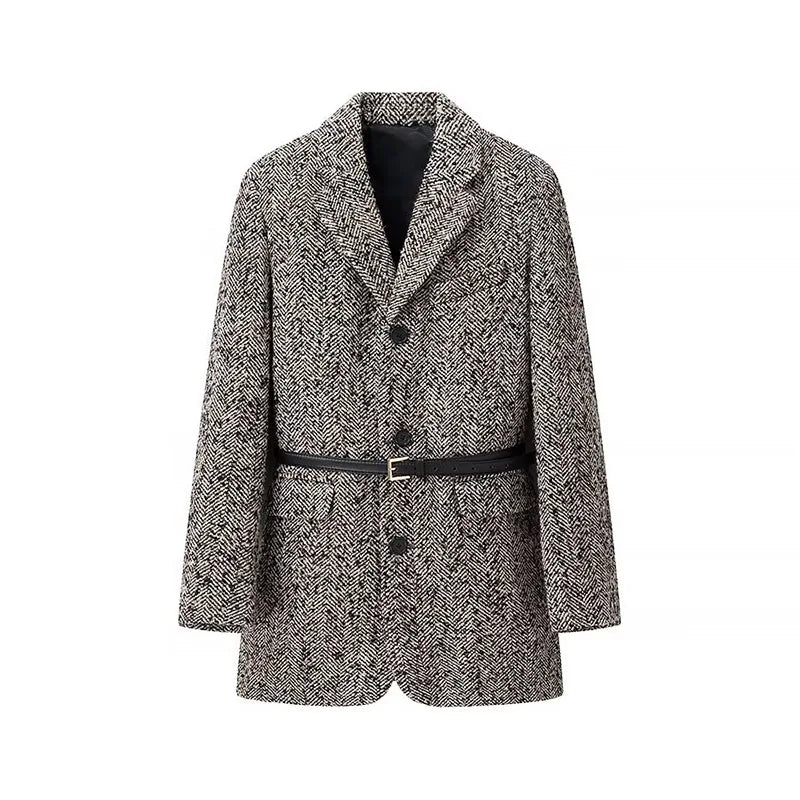 vzyzv  -  Winter With Belt Blazer Coat Women Loose Lapel Tweed Wool Blends Warm Jacket Fashion Temperament Commuting Lady Elegant Outwear