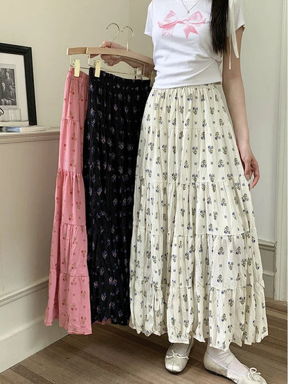 vzyzv -  Print Floral Summer Pleated Skirt Women Mori Girl Style Casual High Waisted Ruffle Midi Long Skirts falda plisada