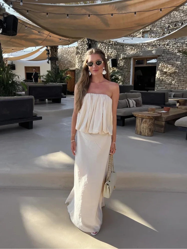 vzyzv  -  Folded Ruffles Strapless Top Women Suits Chic Sleeveless Short Top Maxi Skirt 2 Pieces Set 2024 Summer Lady Highstreet Outfits