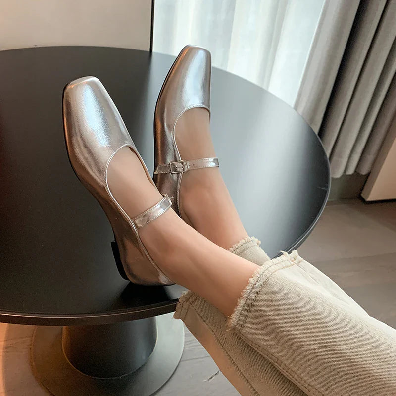 vzyzv  -  Casual Women Flats Spring Summer Office Ladies Silver Metal Color Mary Janes Shoes Woman Retro Style Concise Comfortable Flats