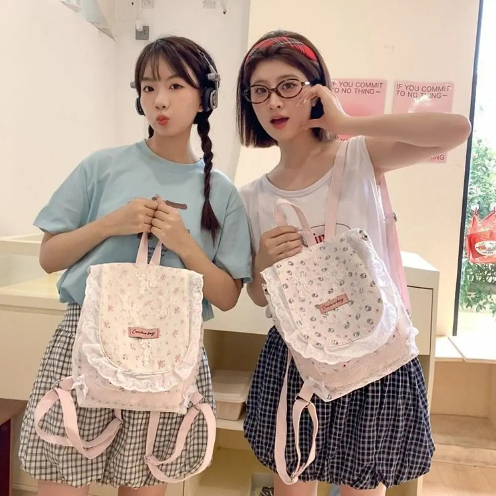 vzyzv  -  Cat Shape Lace Flower Backpack Korean Style Student Girl Book Bag Nylon Shoulder Bag Pinted Fashion Floral Handbag Outdoor