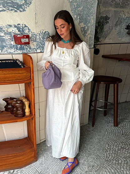 vzyzv -  Skirts Set for Women 2 Pieces Lantern Sleeve Blouse Skirt Suit White Square Collar Button Shirts Long Skirts 2024 Summer Outfit