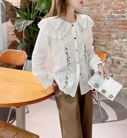 nvxiot  -   New Women Shirt Peter Pan Collar Vintage Style Basic Shirts Petal Sleeve Embroidery Boho Blusas Mujer Cotton Shirts Top