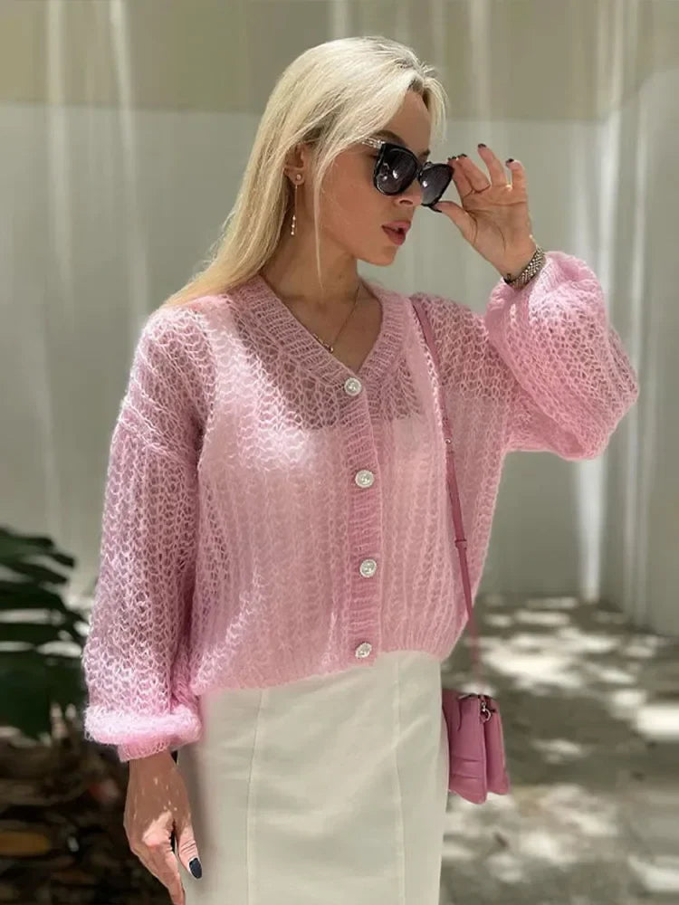 vzyzv  -  Fashion Sweet Pink Hollow Out Knitted Cardigan Women Casual Long Lantern Sleeves Single Breasted Sweater Lady Chic Knitwear