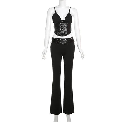 vzyzv  -  Black Slim Fit Trousers Set Camisole Off Back V Neck Lace Spliced Asymmetrical Top High Waist Micro Raging Pants Suit