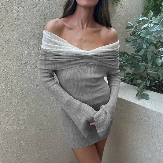 vzyzv  -  Sexy One-Shoulder Color Block Knitted Dress Female Long-Sleeved Slim Thin Sweater Mini Dress Backless Party Club Outfits