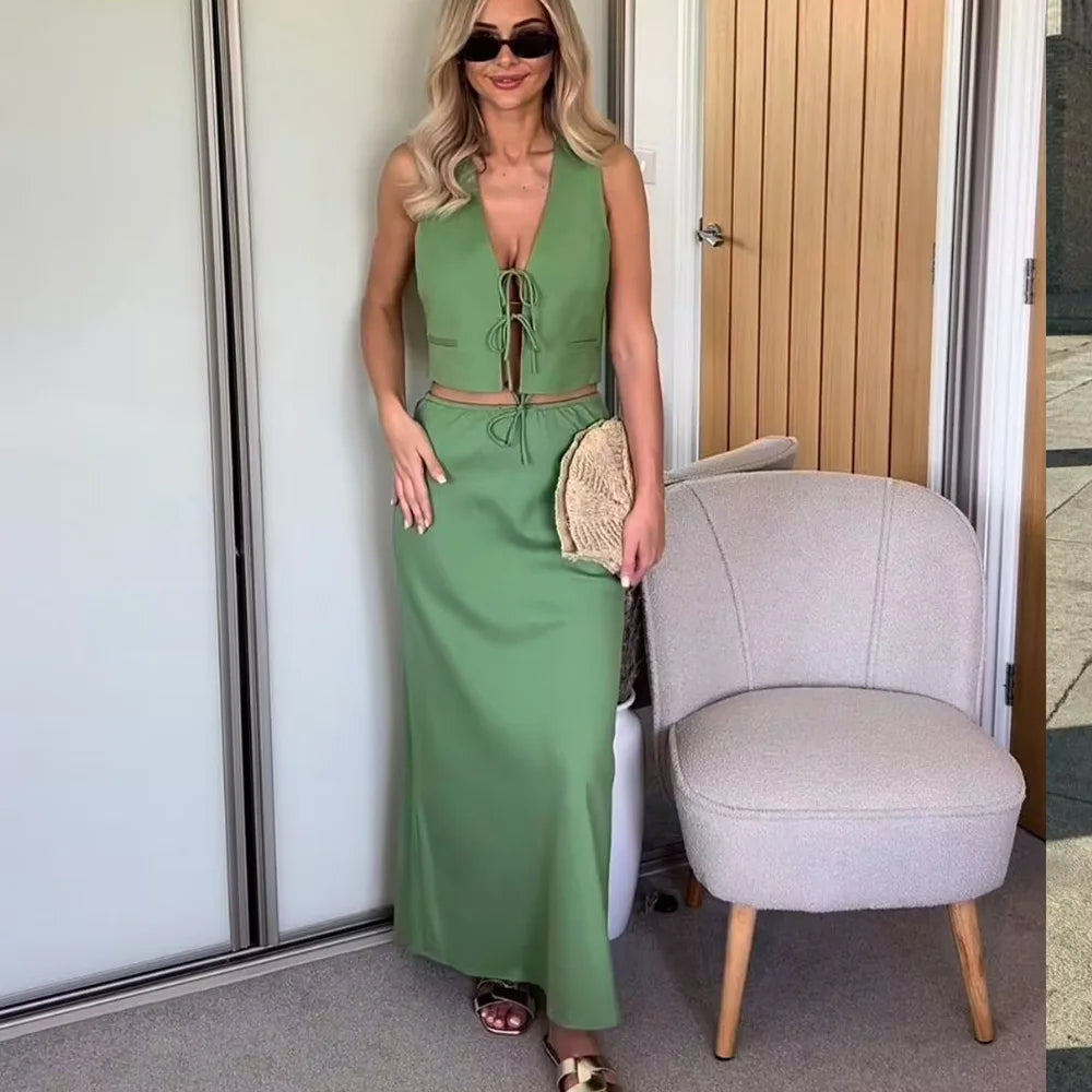 vzyzv -  New Chic Tank Top And Long Skirts Set Summer Vest And Fashion Skirt Two Piece Set Green Vacation Casual Women Outfits