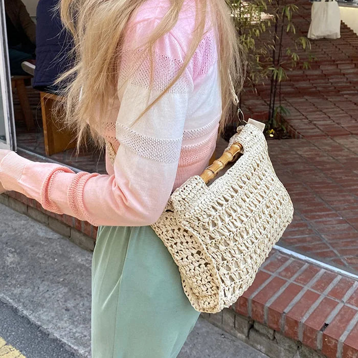 vzyzv -  Fashion Bamboo Handle Straw Bags Designer Women Handbags Luxury Wicker Woven Shoulder Bags Summer Beach Rattan Purses Large Tote