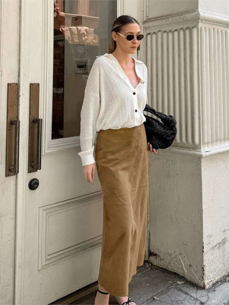 vzyzv  -  Autumn Retro Fashion Velvet Long Skirt Khaki Slim Straight Winter Women Skirt Zipper Solid Color Elegant Streetwear Skirt