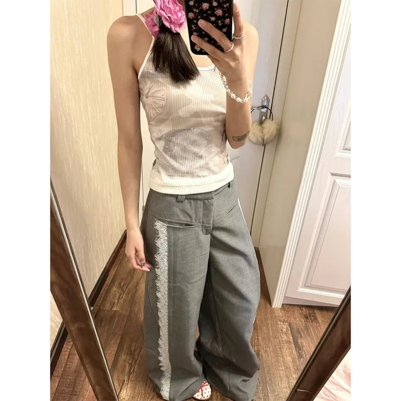 vzyzv  -  Lace Patchwork High Street Baggy Pant Spliced High Waist Wide Leg Trouser Elegant Office Lady Loose Pant Vintage Women Clothing