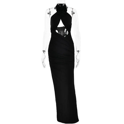 vzyzv  -  Hanging Neck Strap Dress Hollow Out Tie Flower Splice Sexy Open Back One Line Shoulder Sleeveless Wrapperd Hip Vestido