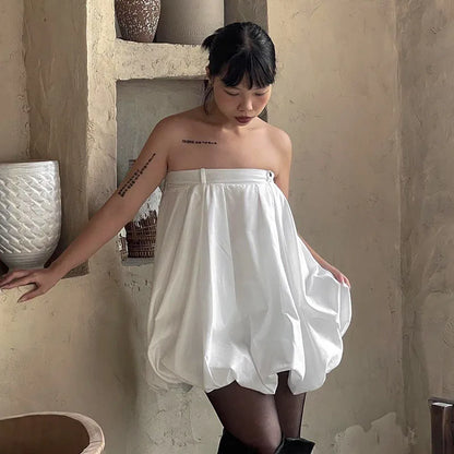 vzyzv -  New White Strapless Dress Women Sleeveless Loose Ruched Short Dress Backless Splice Casual Bandage Female Clothes Summer