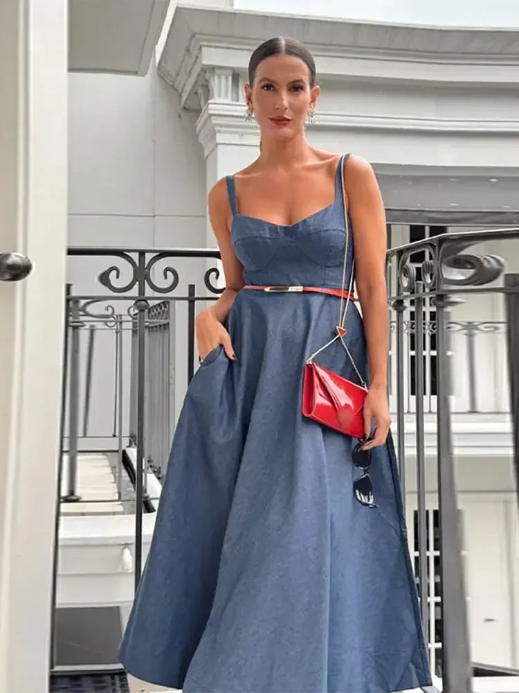 vzyzv  -  Vintage Blue Denim High Waist Maxi Dress Women Elegant Square Neck Loose Long Dresses  Fashion Party Commute Streetwear Robe