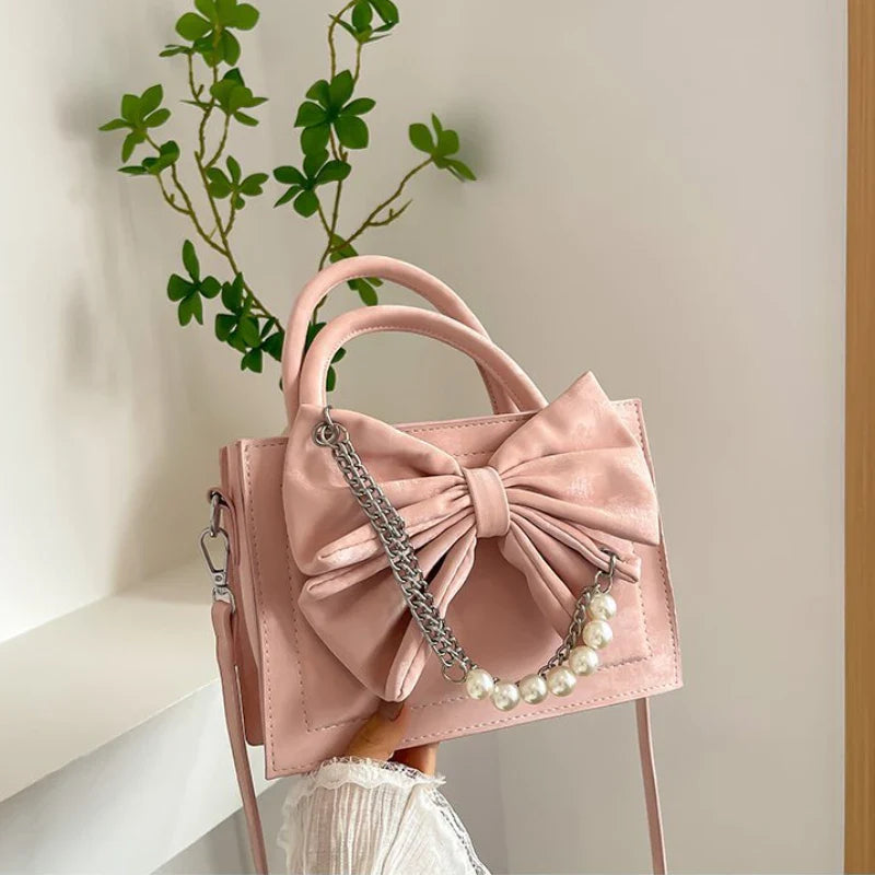 vzyzv  -  Korean Elegant Pearl Chain Bow Women's Handbags Sweet Y2k Aesthetic Office Lady Shoulder Bag Fashion Fairy Chic Crossbody Bags