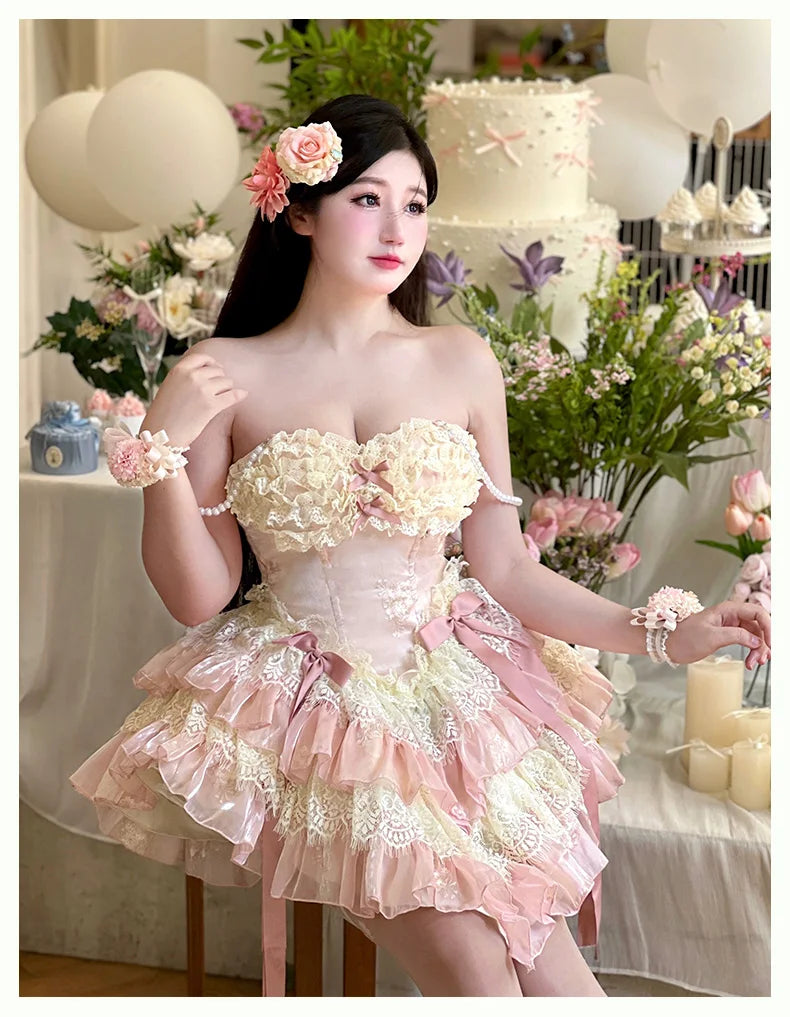 vzyzv -  Fairy Spring and Summer Lace Romantic Atmosphere Slimming Dress Pink Apricot Ruffled Tube Top Mini Princess Dresses for Party