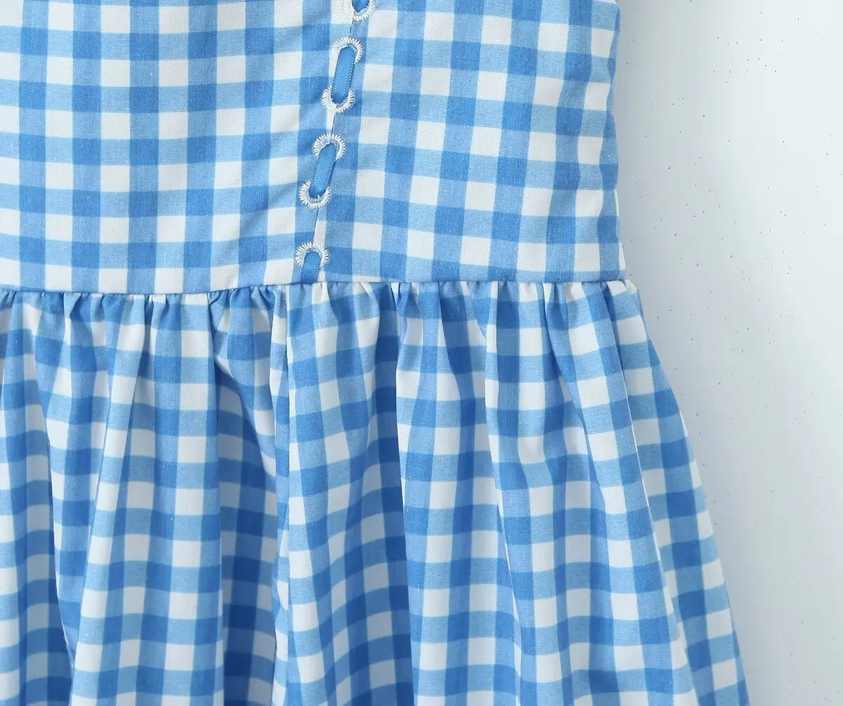 vzyzv  -  Summer Fashion Atmosphere Retro Blue Plaid Flap Pocket Pants Suspender Long European And American Style Street Design Dress