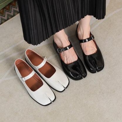 vzyzv  -  Cowhide Real Leather Flats Cozy Retro Mary Jane Ladies Buckle Strap Shoes Split Toe INS Hot Spring Autum Women Simple Shoes