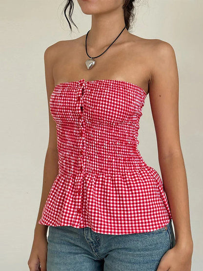 vzyzv  -  Y2k Red Gingham Crop Top Womean Sexy Strapless Ruffle Hem Sleeveless Button Cami Coquette Aesthetic Plaid Print Crop Top Summer