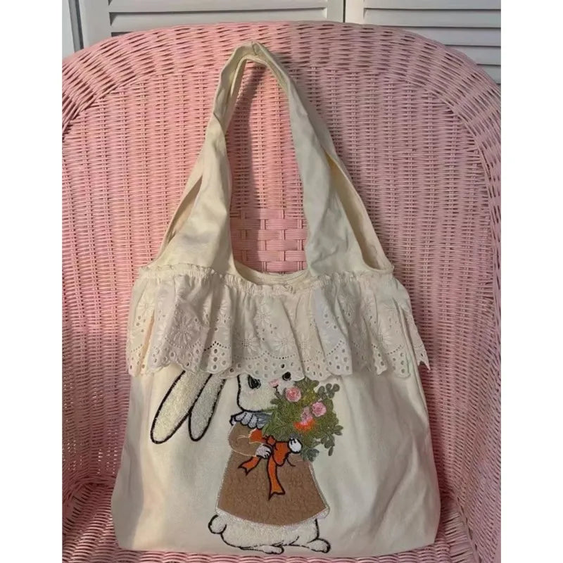 vzyzv  -  Rabbit Embroidery Beige Shoulder Bags Women Lolita Cute Lace Large Capacity Tote Bag Handbag Female Canvas Underarm Bag