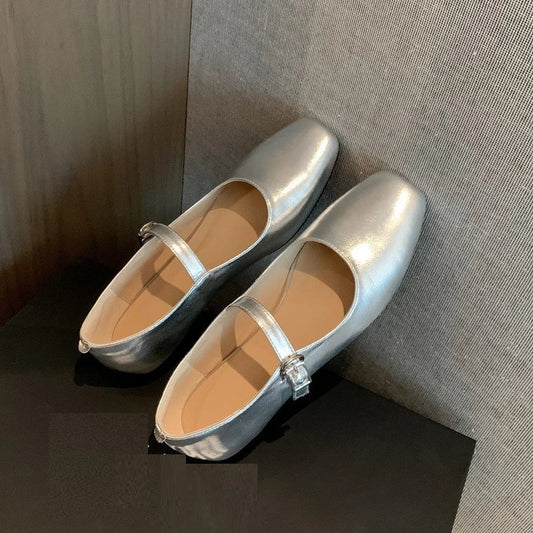 vzyzv  -  Casual Women Flats Spring Summer Office Ladies Silver Metal Color Mary Janes Shoes Woman Retro Style Concise Comfortable Flats