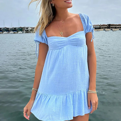 vzyzv  -  Summer Mini Dress For Women Clothing Solid Color Seaside Vacation Casual Mini Skirt Fashion Streetwear Ladies Costume Dresses