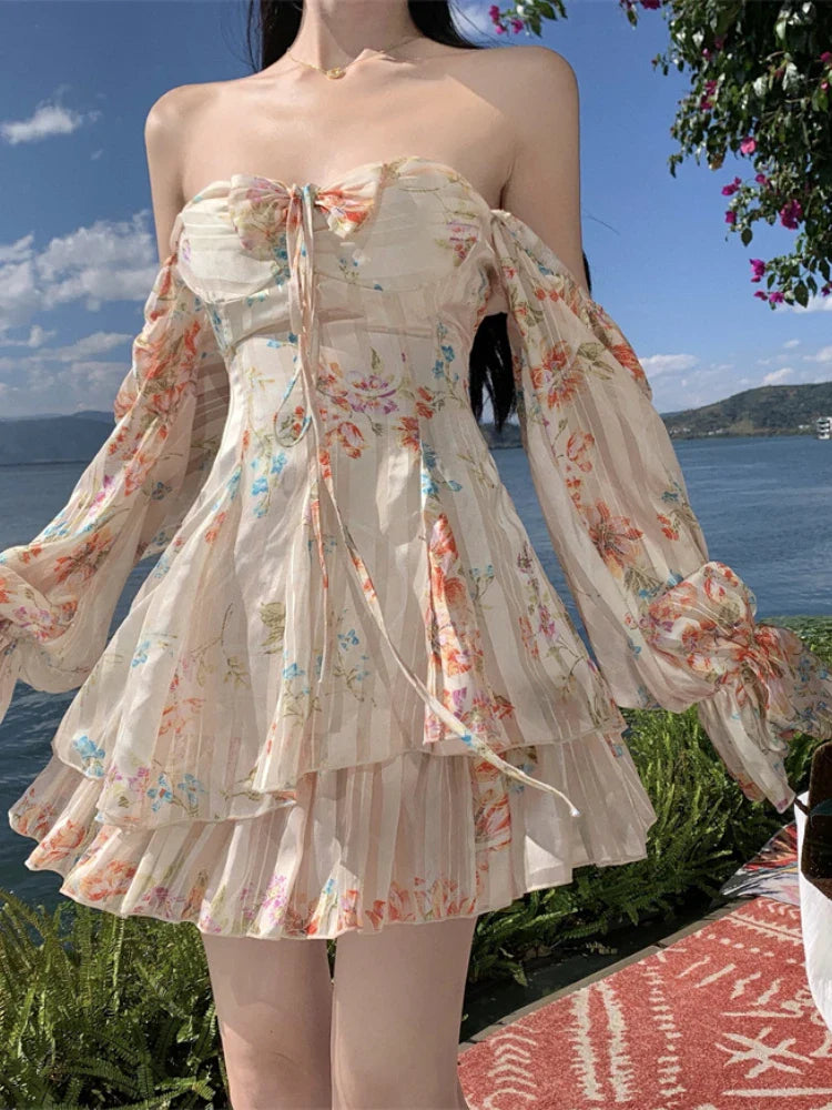 vzyzv -  Holiday Style Summer Dress Fairy Printedoff Shoulder Long Sleeved Chiffon Dress Women Beach Outfit A-line Short Mini Dress