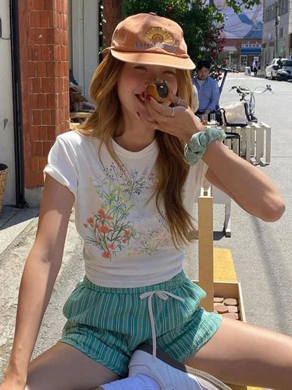 vzyzv  -  Plant Flowers Print Slim Short Sleeve Summer New Korean Fashion O Neck T-shirts For Women Casual Simple Chic Tops Tee Shirt