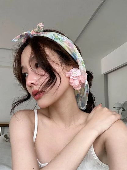 vzyzv  -  French Floral Headscarf Spring Summer Artistic Chiffon Square Scarf Beach Retro Hair Scarf Women Travel Photo  Accessories