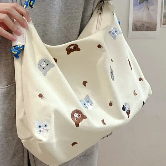 vzyzv  -  Cartoon Sweet Cat Embroidery Shoulder Bags Women Kawaii Cute Y2k Casual Handbags Trendy Japanese All Match Canvas Underarm Bag