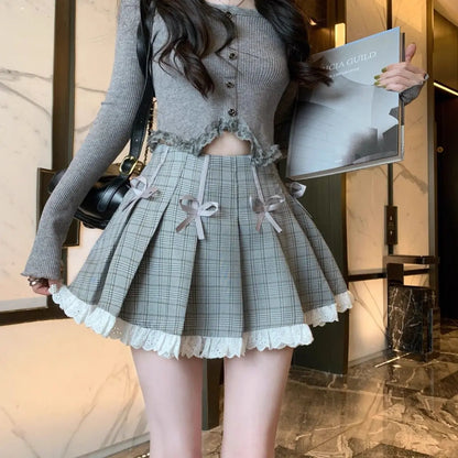 vzyzv  -  Pleated Skirt Plaid Bow High Waist American Korean Style Niche Sweet And Cool Skirt Lace Splicing A-Line Short Skirt For Women