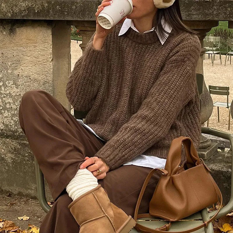 vzyzv  -  Autumn Brown Round Neck Knitted Pullover Women Solid Chic Full Sleeve Loose Casual Sweater Warm Lady Commuting Street Knitwear ﻿