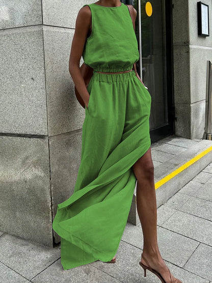 vzyzv  -  Solid Casual 2 Piece Set Summer New O Neck Sleeveless Cropped Tank Tops+Split Wide Leg Pants Sets  Elegant Fashion Suit Lady