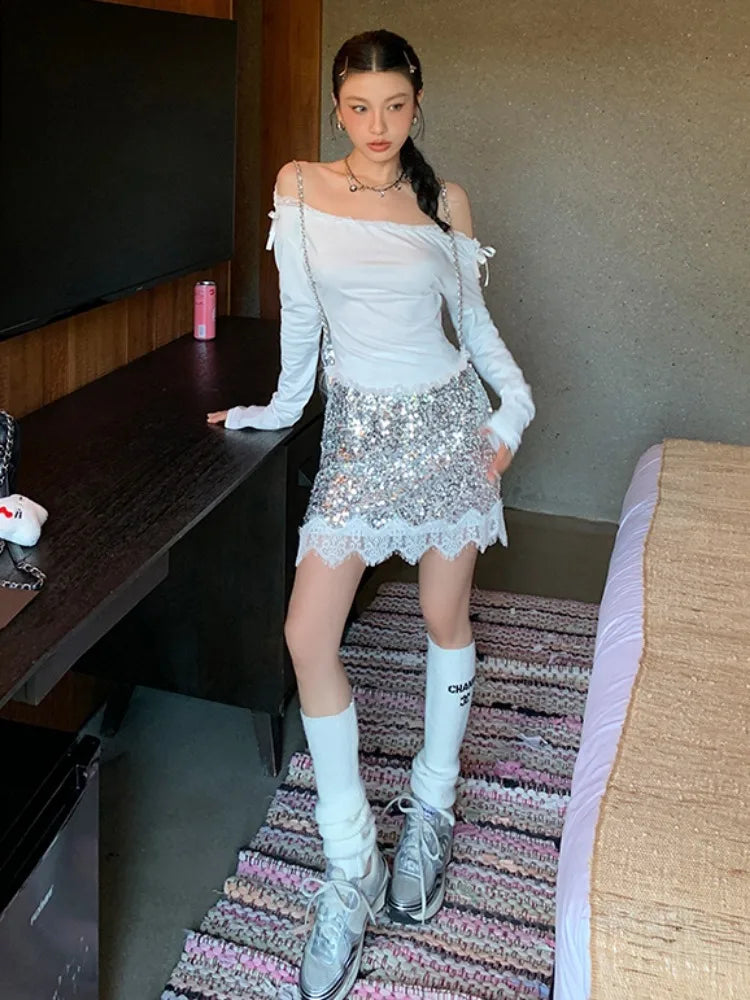 vzyzv -  Sexy Silvery Sequin Mini Skirt Lace Patchwork Tight Hip Wrap Skirt for Women Summer Fashion Lady Party Club A-line Skirt