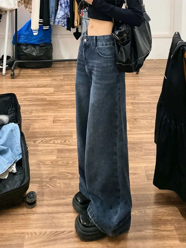 vzyzv  -  Vintage Blue Jeans Women Streetwear Casual Baggy Pants Wide Leg Korean Fashion Basic Denim Trousers High Street